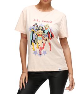 RE:COVERED X DC Damen T-Shirt mit Girl Power Aufdruck Baumwoll-Shirt Rundhals-Shirt RCWARN614 Rosa