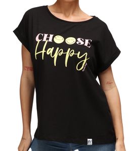 RE:COVERED X Smileyworld Choose Happy Damen T-Shirt mit Smiley Print Baumwoll-Shirt Boyfriend-Cut Rundhals-Shirt RCSMLYWD459 Schwarz