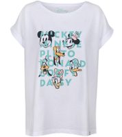 RE:COVERED X Disney Damen T-Shirt mit Mickey Mouse and Friends Aufdruck Baumwoll-Shirt Rundhals-Shirt RCDIF2065 Weiß