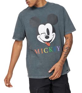 RE:COVERED X Disney Men's T-Shirt with Mickey Mouse Head and Colorful Lettering Print, Cotton Crew Neck Shirt, MMDIS2683 Gray