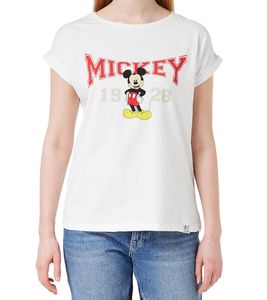 RE:COVERED X Disney Damen T-Shirt mit Mickey Mouse 1928 Print Baumwoll-Shirt Rundhals-Shirt RCDIF2061 Weiß