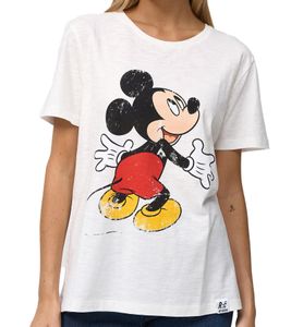 RE:COVERED X Disney Women's T-Shirt with Mickey Mouse Print, Cotton Crew Neck, MMDIS2580 Wool White
