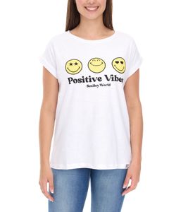 RE:COVERED X Smileyworld Damen T-Shirt mit farbigen Smileys Baumwoll-Shirt Rundhals-Shirt RCSMLYWD460 Weiß