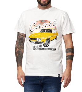 RE:COVERED X MUSTANG Herren T-Shirt mit Ford MUSTANG-Print Baumwoll-Shirt Rundhals-Shirt MMFRD386 Ecru-Weiß