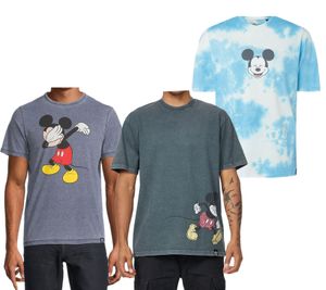 RE:COVERED X Disney Herren T-Shirt mit Mickey Mouse Print Baumwoll-Shirt im Batik Look Rundhals-Shirt Dunkelblau, Blau Batik oder Grau
