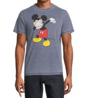 RE:COVERED X Disney Herren T-Shirt mit Mickey Mouse Print Baumwoll-Shirt im Batik Look Rundhals-Shirt Dunkelblau, Blau Batik oder Grau