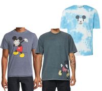 RE:COVERED X Disney Herren T-Shirt mit Mickey Mouse Print Baumwoll-Shirt im Batik Look Rundhals-Shirt Dunkelblau, Blau Batik oder Grau
