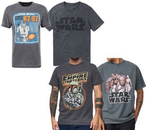 RE:COVERED X STAR WARS Herren T-Shirt Print mit Skywalker-Saga/R2D2 oder Das Imperium schlägt zurück-Print Baumwoll-Shirt Kurzarm-Shirt Dunkel-Grau