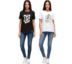 RE:COVERED X Disney Damen nachhaltiges T-Shirt mit Mickey Mouse Aufdruck in Pastell-Farben Baumwoll-Shirt Rundhals-Shirt RCDIF207 Weiß oder Schwarz