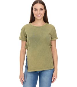 ROCKUPY Women's T-Shirt, Short-Sleeved Shirt with Side Slit, Cotton Shirt, Crew Neck, 393828 Green