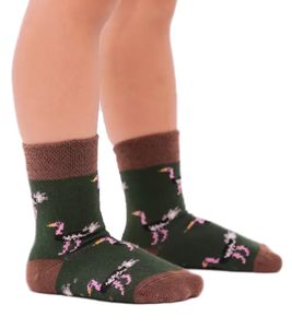 1 pairs of Moustard children's cotton socks with ostrich all-over print patterned stopper socks baby socks 20S-OSTR-012 brown/green/pink