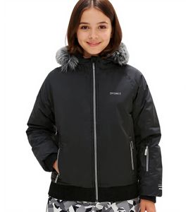 Giacca invernale per bambine, giacca da sci sostenibile, giacca da esterno con cappuccio e bordo in pelliccia rimovibile, giacca da neve 938001 Nero