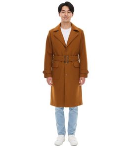 Men's coat with wool content, autumn jacket with belt, long sleeves with buttons, winter jacket 936768 Brown