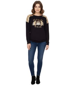 Damen Langarm-Pullover mit Weihnachts-Muster Shirt mit Pailletten Longsleeve mit Glitzer-Aufdruck 951384 Schwarz/Gold