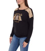 Damen Langarm-Pullover mit Weihnachts-Muster Shirt mit Pailletten Longsleeve mit Glitzer-Aufdruck 951384 Schwarz/Gold