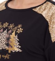 Damen Langarm-Pullover mit Weihnachts-Muster Shirt mit Pailletten Longsleeve mit Glitzer-Aufdruck 951384 Schwarz/Gold