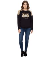 Damen Langarm-Pullover mit Weihnachts-Muster Shirt mit Pailletten Longsleeve mit Glitzer-Aufdruck 951384 Schwarz/Gold