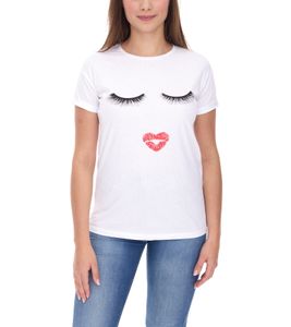 COURSE Women's T-Shirt with Kiss Mouth Print Summer Shirt Cotton Top Leisure Shirt 900069 White