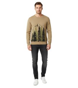 Maglione girocollo in maglia fine da uomo con motivo foresta e montagna, maglione invernale 971556 cachi