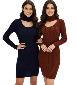 Robe mini en maille pour femme avec col roulé et détails découpés Robe à manches longues en marron acajou ou bleu foncé