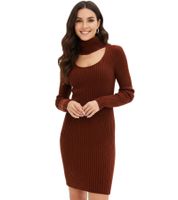 Women's Knit Mini Dress with Turtleneck and Cutout Details, Long Sleeve Dress in Mahogany Brown or Dark Blue