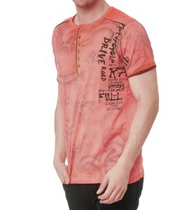 Herren T-Shirt mit Urban-Print Baumwoll-Oberteil Sommer-Rundhals-Shirt mit Knopfleiste S-15246 Orange