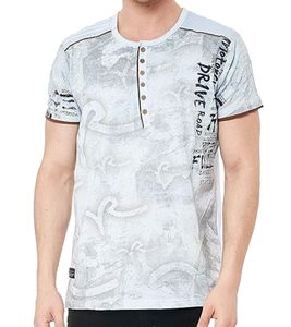 Herren T-Shirt mit Urban-Print Baumwoll-Oberteil Sommer-Rundhals-Shirt mit Knopfleiste R-15246 Hellgrau