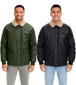 Herren Piloten-Jacke aus Lederimitat stylische Outdoor-Jacke mit Teddykragen Olivgrün oder Schwarz