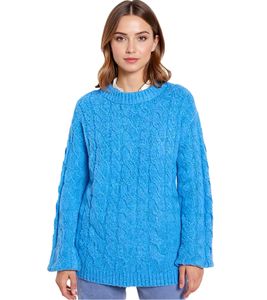 Damen Oversize-Pullover weit geschnittener Winter-Pullover mit Zopfstrickmuster 962801 Blau