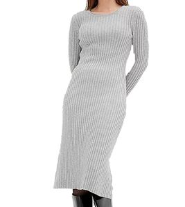 Vestido midi de mujer suave, básico, de punto, manga larga, gris 971307