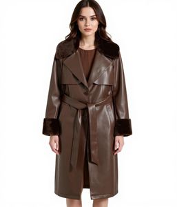 Abrigo de piel sintética para mujer con cuello de borreguito, chaqueta de piel sintética de oveja, abrigo de otoño 914589 Marrón