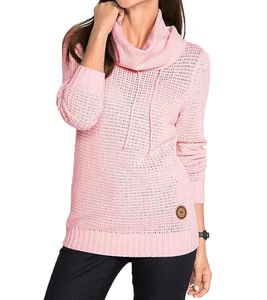 Damen Strick-Pullover mit Rollkragen und Kordelzug im Zopfmuster Baumwoll-Pullover Freizeit-Sweater 962955 Rosa