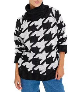 Jersey de verano sostenible para mujer con estampado pata de gallo, camisa de manga larga 928219 Negro/Gris
