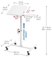 Tatkraft Laptop Table, Height-Adjustable Work Table with Mouse Rest, Bedside Table, 45 x 40 cm, 15708 White