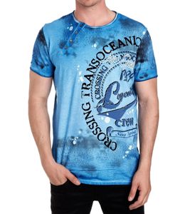 Camiseta de hombre con llamativo estampado frontal, camisa de algodón, cuello redondo R-15045 azul petróleo