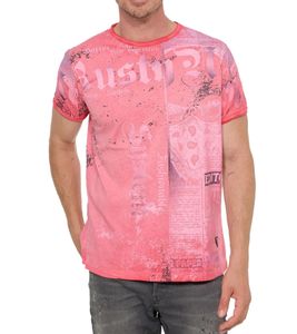 Camiseta de hombre con estampado integral de efecto desgastado Camisa de algodón Camisa de cuello redondo R-15295 Coral