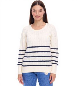 DELMAO Damen Strick-Pullover gestreifter Baumwoll-Pulli Zopfstrick 94622740 Wollweiß/Navy 