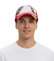 WORLDCUP LEGENDS Unisex Baseball Cap in Spain Design. Cotton Cap with Football Player Print. Curved Brim Cap with No. 9 Print. Damaged Look. TC110825RJA Red/Multicolored.