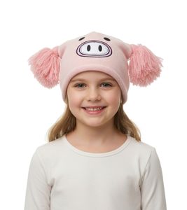 Piggy Beanie Hat for Teenagers with Pompoms and a Cute Face on the Front BE170080PLW Pink