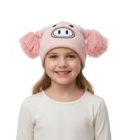 Piggy Beanie Hat for Teenagers with Pompoms and a Cute Face on the Front BE170080PLW Pink
