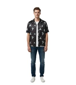 Camicia da uomo in seta ruvida Hummingbird, lussuosa camicia a maniche corte in pura seta con stampa Hummingbird su tutta la superficie, nera