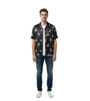 Camicia da uomo in seta ruvida Hummingbird, lussuosa camicia a maniche corte in pura seta con stampa Hummingbird su tutta la superficie, nera