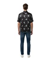 Camicia da uomo in seta ruvida Hummingbird, lussuosa camicia a maniche corte in pura seta con stampa Hummingbird su tutta la superficie, nera
