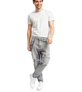Jean Carrot Quinn pour homme 2Y Premium, effet usé, en coton avec chaînette, gris