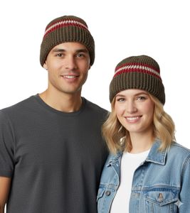 Stylish crocheted winter hat, soft knitted hat with stripes, cotton hat 7313GUY olive green/red/white