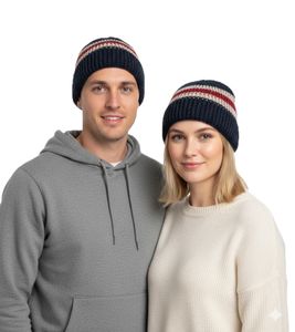 Stylish crocheted winter hat, soft knitted hat with stripes, cotton hat 7314GUY navy/white/red