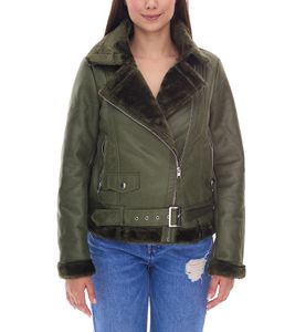 Damen Biker-Jacke Übergangs-Jacke mit Reverskragen Kunstleder-Jacke 923116 Grün