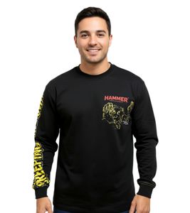 RE:COVERED X Hammer Horror Creeping Unknown - Camisa de manga larga para hombre con estampado grande en la espalda, jersey de algodón RCSTC110, color negro