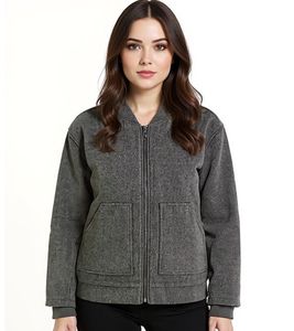 Chaqueta Bomber de Mezcla de Lana para Mujer con Bolsillos de Parche, Chaqueta de Transición 952374 Gris