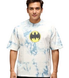 RE:COVERED X DC Herren T-Shirt BATMAN Split Baumwoll-Shirt im Batik-Design Rundhals-Shirt RCWARN553 Grau